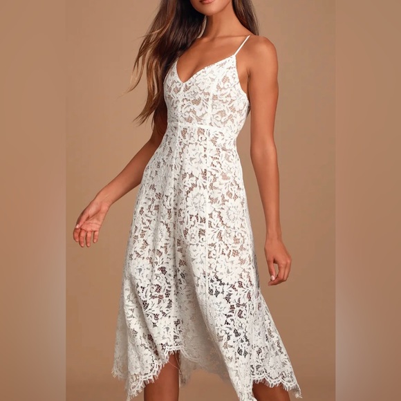 LuLu White Lace Midi Dress. Size Small. White lace overlay a nude knit liner. - Picture 1 of 5